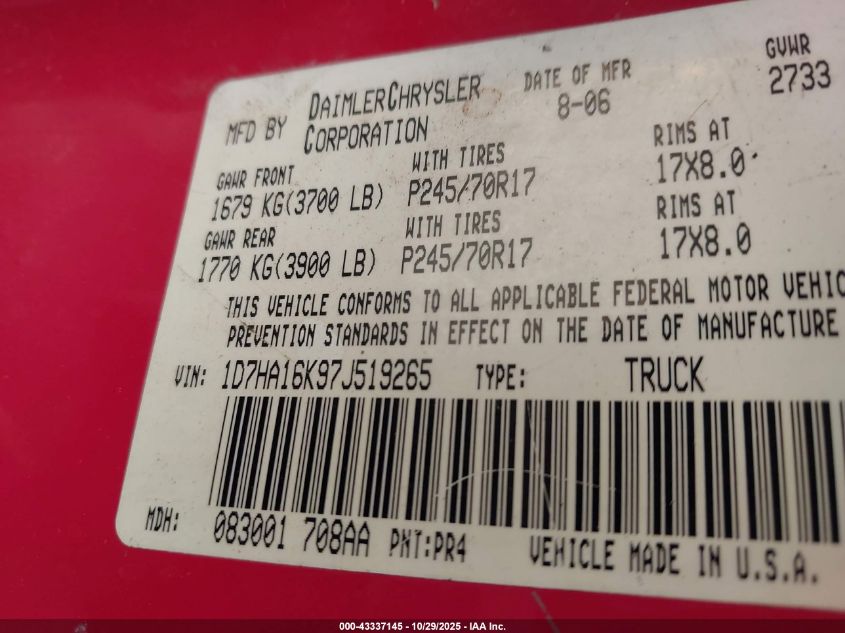 2007 Dodge Ram 1500 St VIN: 1D7HA16K97J519265 Lot: 43337145