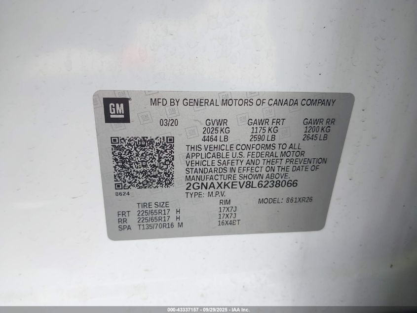 2020 Chevrolet Equinox Fwd Lt 1.5L Turbo VIN: 2GNAXKEV8L6238066 Lot: 43337157