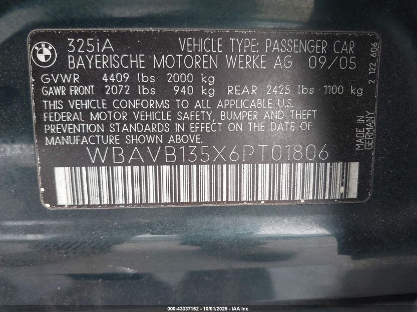 2006 BMW 325I VIN: WBAVB135X6PT01806 Lot: 43337162