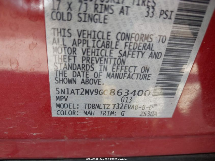 2016 Nissan Rogue S/Sl/Sv VIN: 5N1AT2MV9GC863400 Lot: 43337164