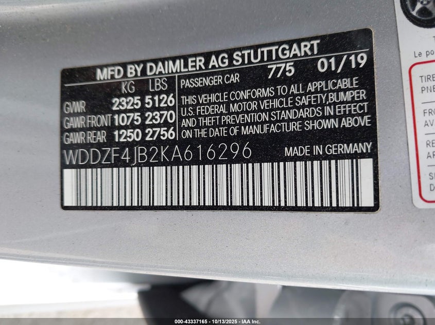2019 Mercedes-benz E-class 2.0 E 300 Other Lot 111043337165 Vin WDDZF4JB2KA616296