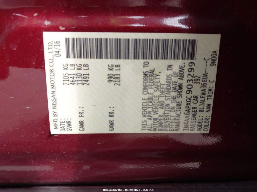 2016 Nissan Maxima 3.5 Sl VIN: 1N4AA6APXGC903299 Lot: 43337168