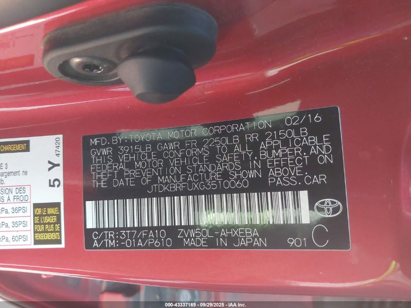 2016 Toyota Prius Two VIN: JTDKBRFUXG3510060 Lot: 43337169