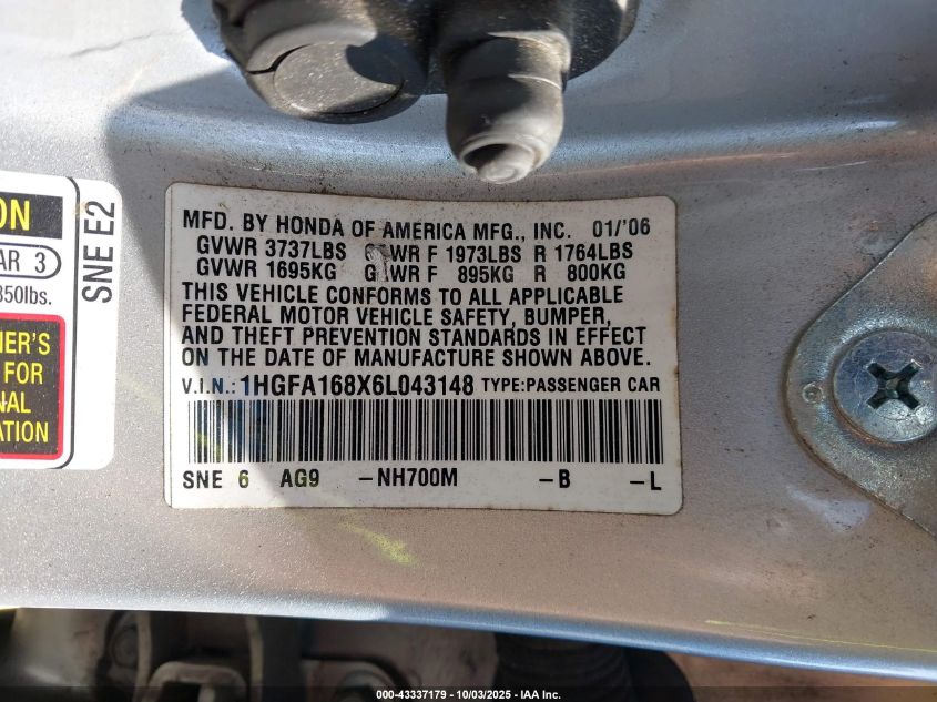2006 Honda Civic Ex VIN: 1HGFA168X6L043148 Lot: 43337179