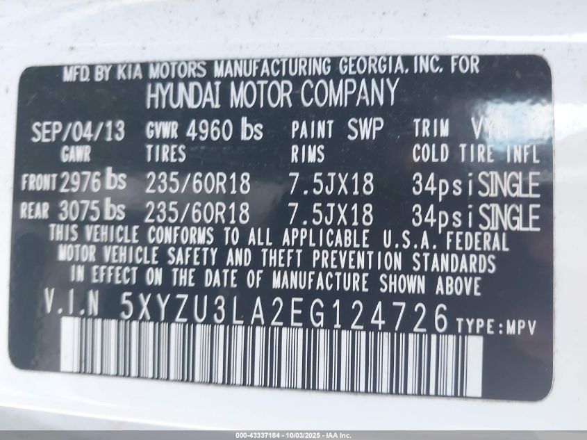 2014 Hyundai Santa Fe Sport 2.0L Turbo VIN: 5XYZU3LA2EG124726 Lot: 43337184