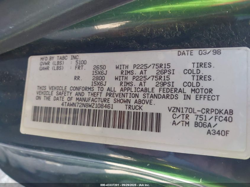 1998 Toyota Tacoma Base V6 VIN: 4TAWN72N8WZ108461 Lot: 43337201