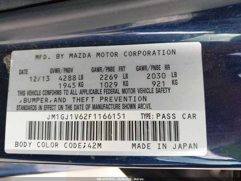 2015 Mazda Mazda6 I Touring VIN: JM1GJ1V62F1166151 Lot: 43337212