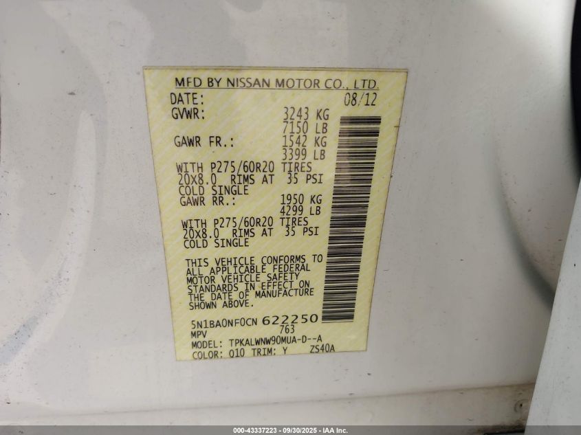 2012 Nissan Armada Platinum VIN: 5N1BA0NF0CN622250 Lot: 43337223