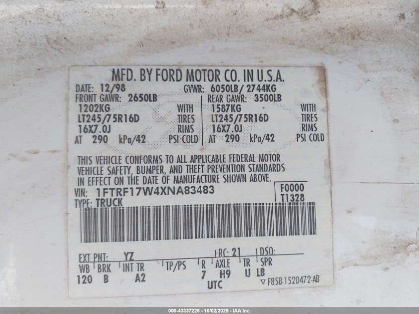 1999 Ford F-150 Lariat/Work Series/Xl/Xlt VIN: 1FTRF17W4XNA83483 Lot: 43337226