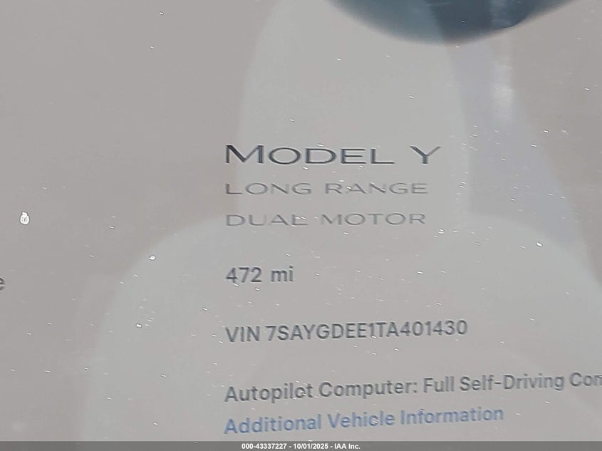 2026 Tesla Model Y Long Range Dual Motor All-Wheel Drive/Long Range Launch Series VIN: 7SAYGDEE1TA401430 Lot: 43337227