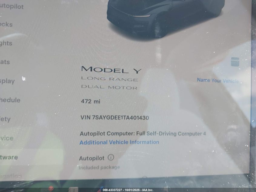 2026 Tesla Model Y Long Range Dual Motor All-Wheel Drive/Long Range Launch Series VIN: 7SAYGDEE1TA401430 Lot: 43337227