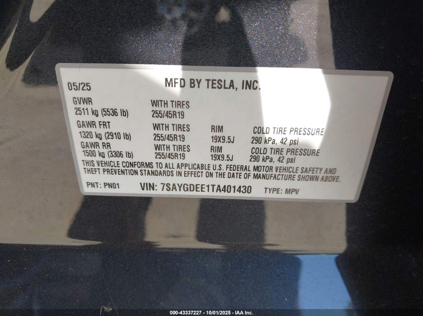 2026 Tesla Model Y Long Range Dual Motor All-Wheel Drive/Long Range Launch Series VIN: 7SAYGDEE1TA401430 Lot: 43337227