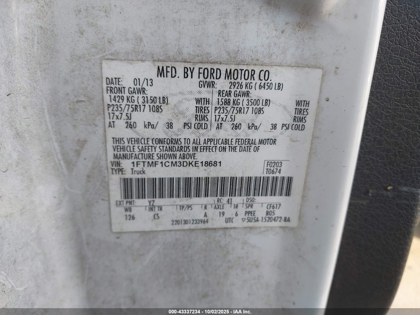 2013 FORD F-150 XL 1FTMF1CM3DKE18681