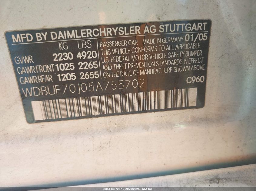 2005 Mercedes-Benz E 500 VIN: WDBUF70J05A755702 Lot: 43337237