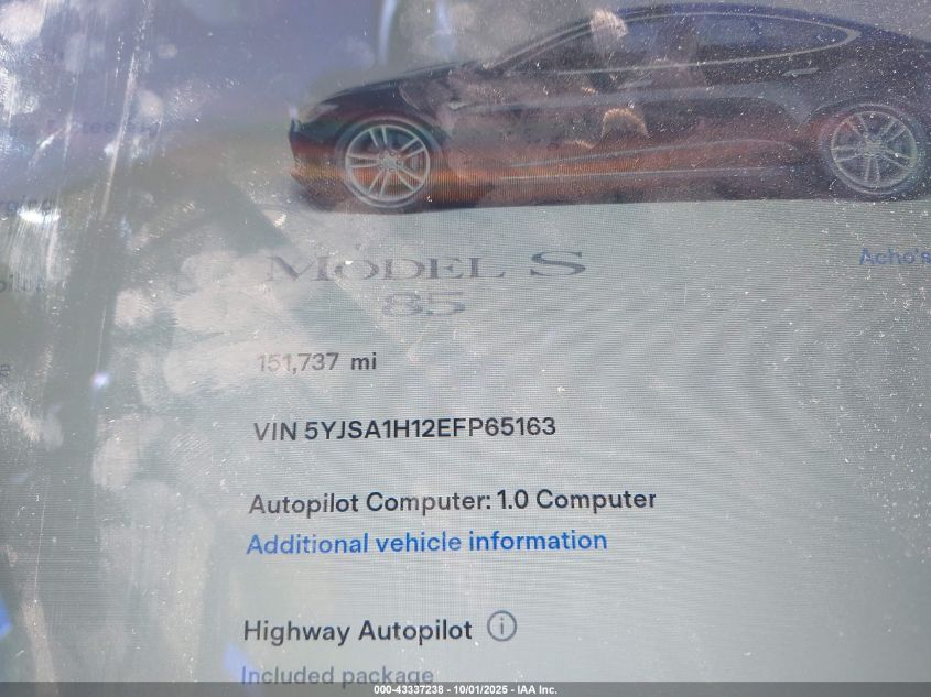 2014 Tesla Model S P85 VIN: 5YJSA1H12EFP65163 Lot: 43337238