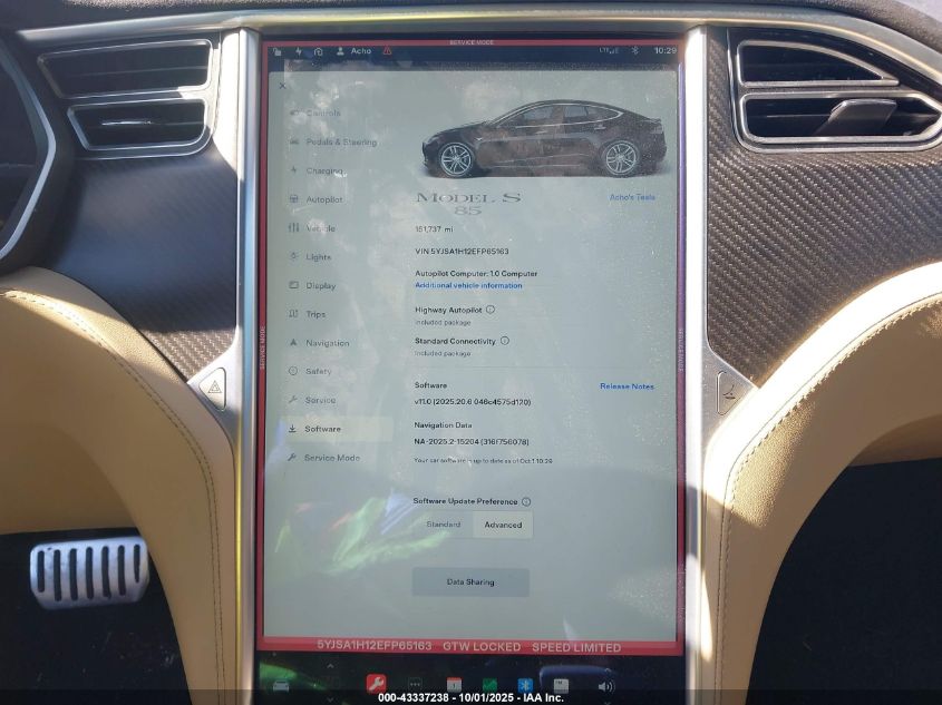 2014 Tesla Model S P85 VIN: 5YJSA1H12EFP65163 Lot: 43337238