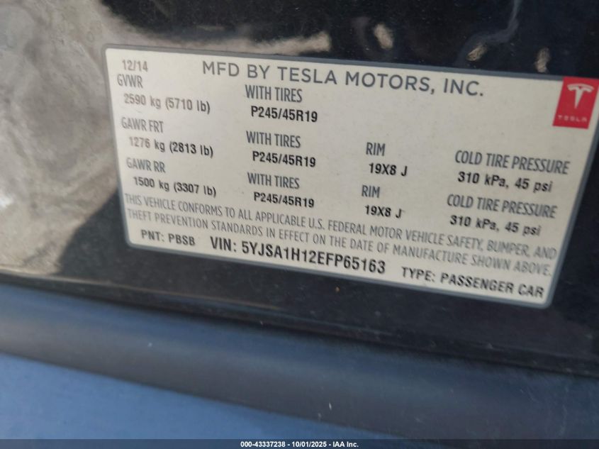2014 Tesla Model S P85 VIN: 5YJSA1H12EFP65163 Lot: 43337238