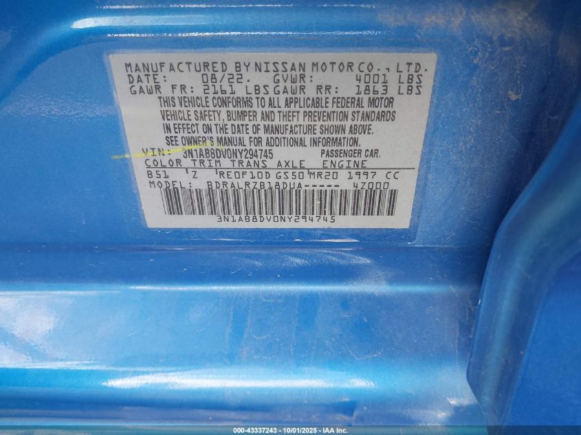 2022 Nissan Sentra Sr Xtronic Cvt VIN: 3N1AB8DV0NY294745 Lot: 43337243