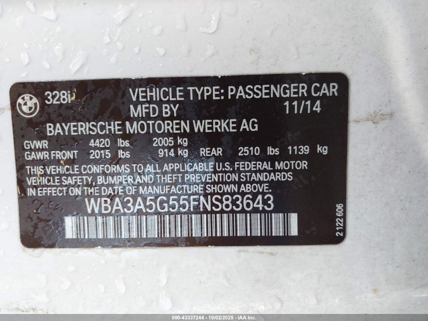 2015 BMW 328I VIN: WBA3A5G55FNS83643 Lot: 43337244
