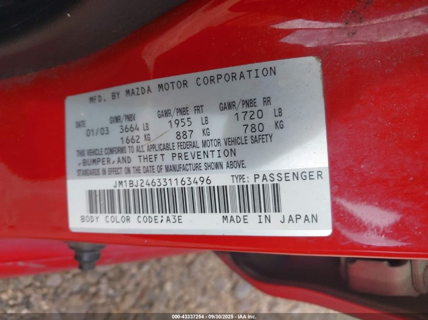 2003 Mazda Protege5 VIN: JM1BJ246331163496 Lot: 43337254