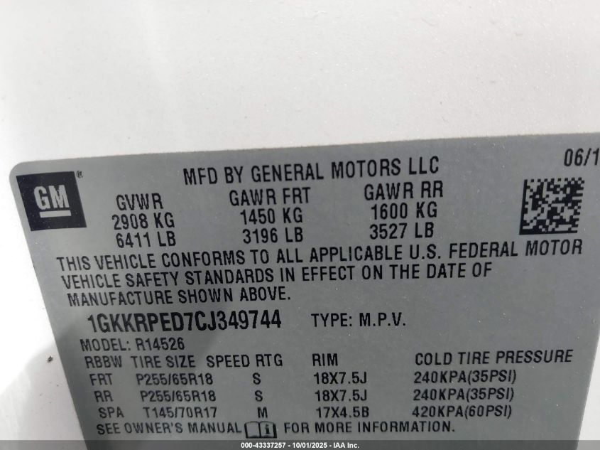 2012 GMC Acadia Sle VIN: 1GKKRPED7CJ349744 Lot: 43337257