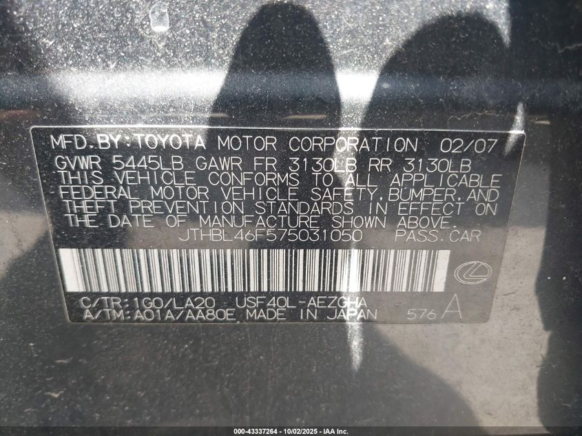 2007 Lexus Ls 460 VIN: JTHBL46F575031050 Lot: 43337264