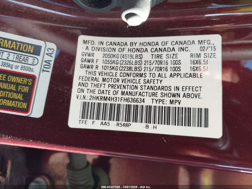 2015 Honda Cr-V Lx VIN: 2HKRM4H31FH636634 Lot: 43337265