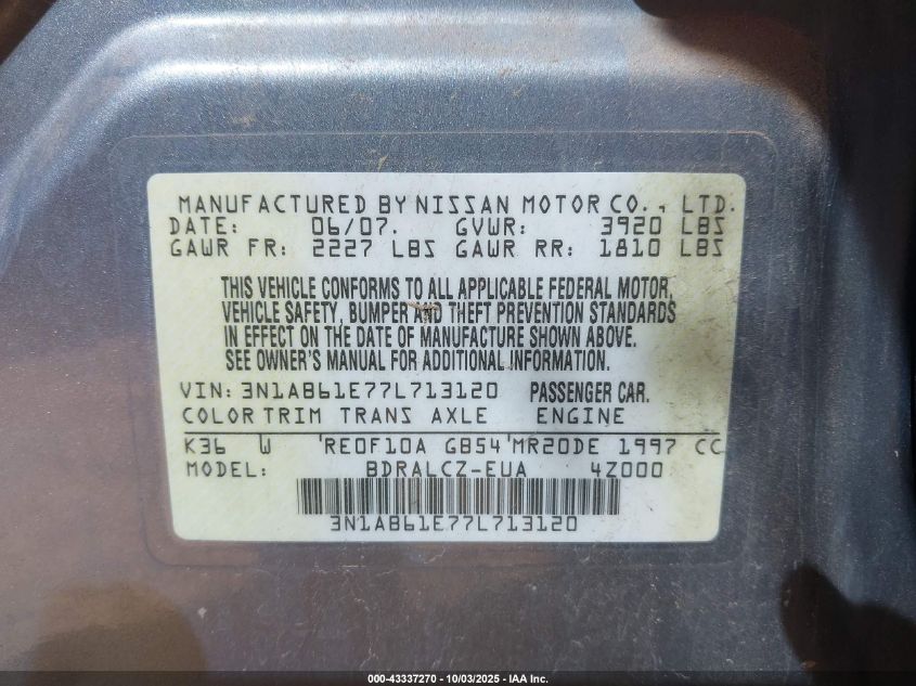 2007 Nissan Sentra 2.0 VIN: 3N1AB61E77L713120 Lot: 43337270