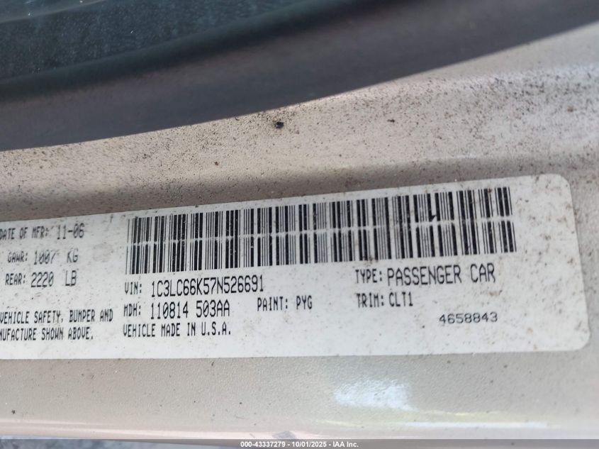 2007 Chrysler Sebring Limited VIN: 1C3LC66K57N526691 Lot: 43337279
