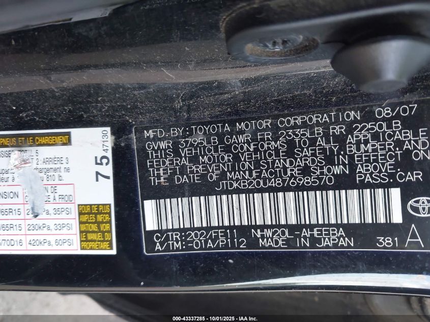 2008 Toyota Prius VIN: JTDKB20U487698570 Lot: 43337285