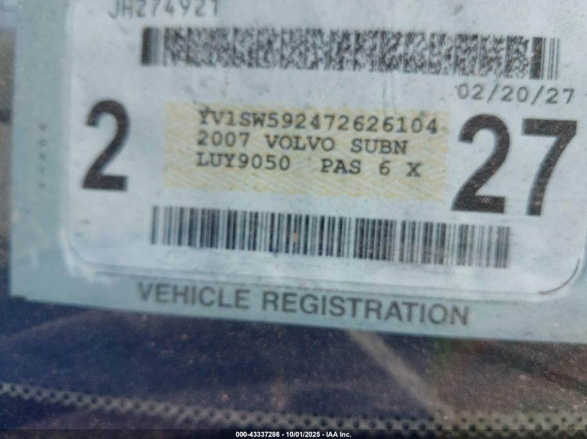2007 Volvo V70 2.5T VIN: YV1SW592472626104 Lot: 43337286