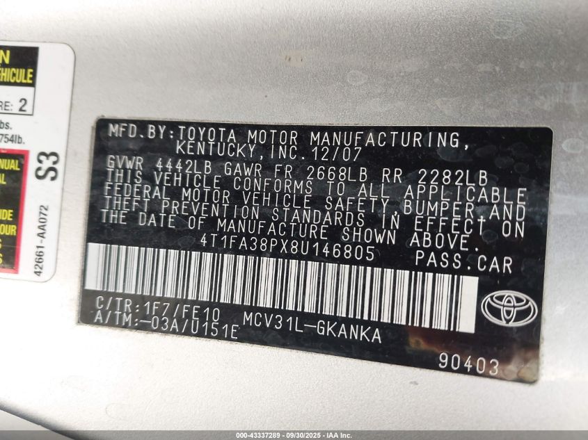 2008 Toyota Camry Solara Se VIN: 4T1FA38PX8U146805 Lot: 43337289