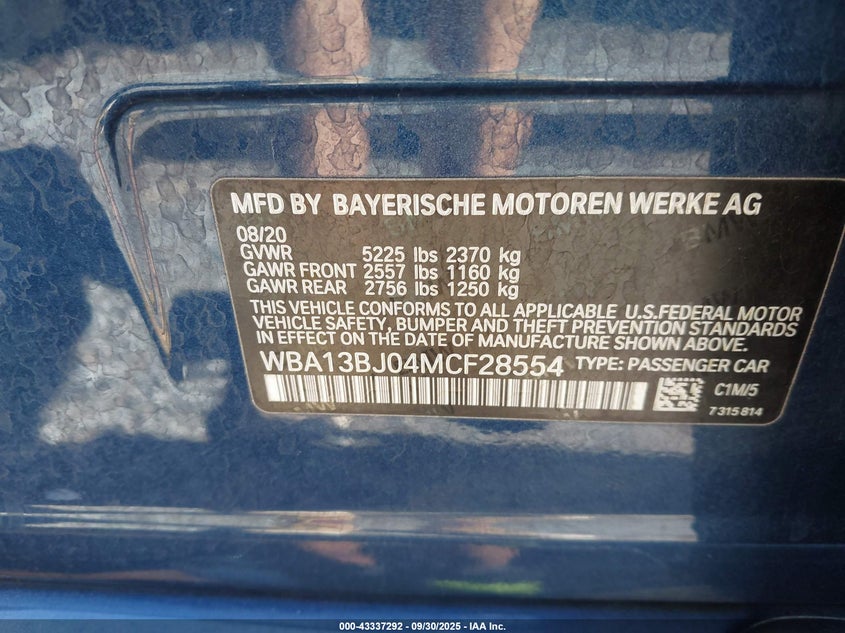 2021 BMW 530I XDRIVE WBA13BJ04MCF28554