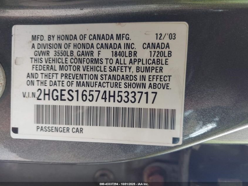 2004 Honda Civic Lx VIN: 2HGES16574H533717 Lot: 43337294