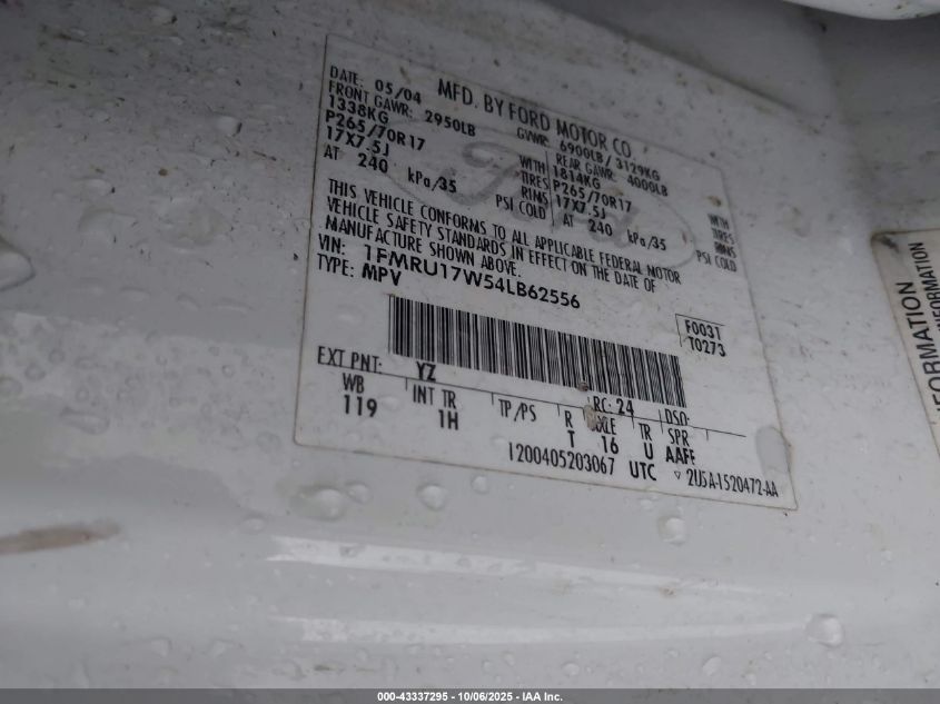 2004 Ford Expedition Eddie Bauer VIN: 1FMRU17W54LB62556 Lot: 43337295