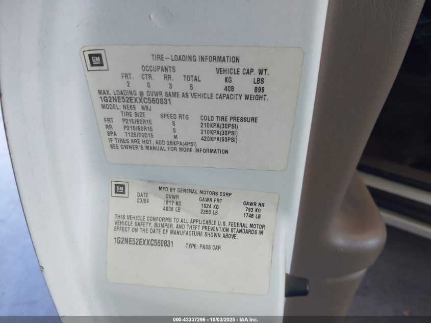 1999 Pontiac Grand Am Se1 VIN: 1G2NE52EXXC560831 Lot: 43337296