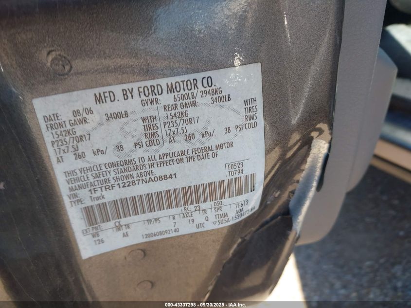 2007 Ford F-150 Stx/Xl/Xlt VIN: 1FTRF12287NA08841 Lot: 43337298