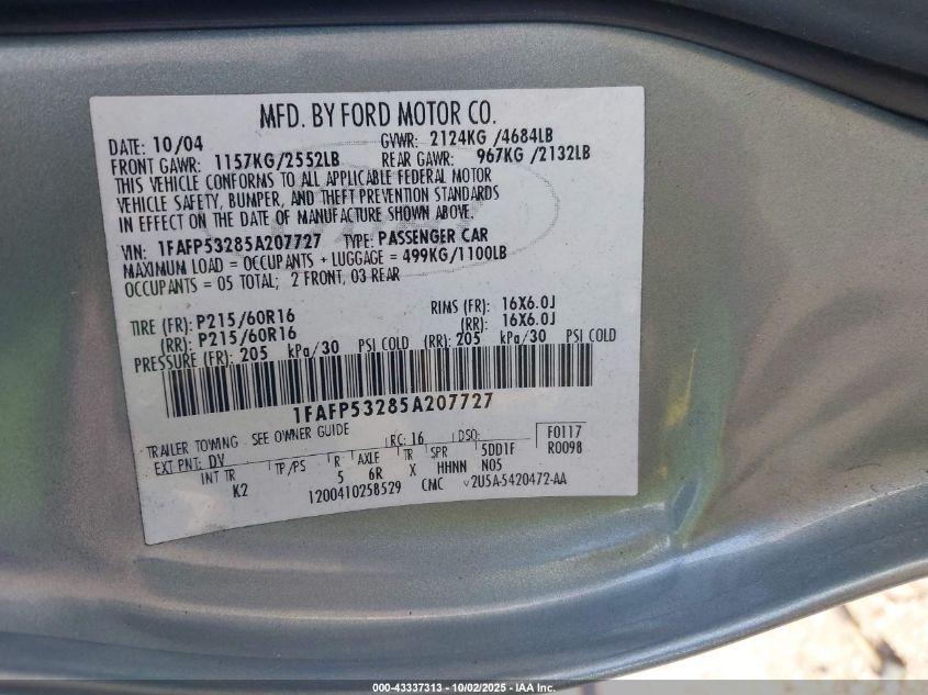 2005 Ford Taurus Se VIN: 1FAFP53285A207727 Lot: 43337313