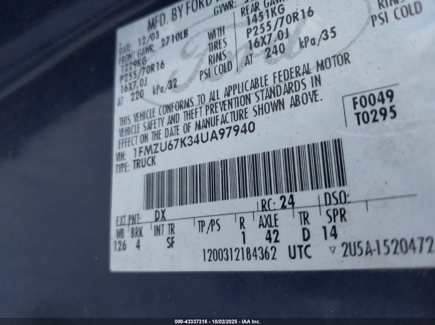 2004 Ford Explorer Sport Trac Adrenalin/Xls/Xlt VIN: 1FMZU67K34UA97940 Lot: 43337316