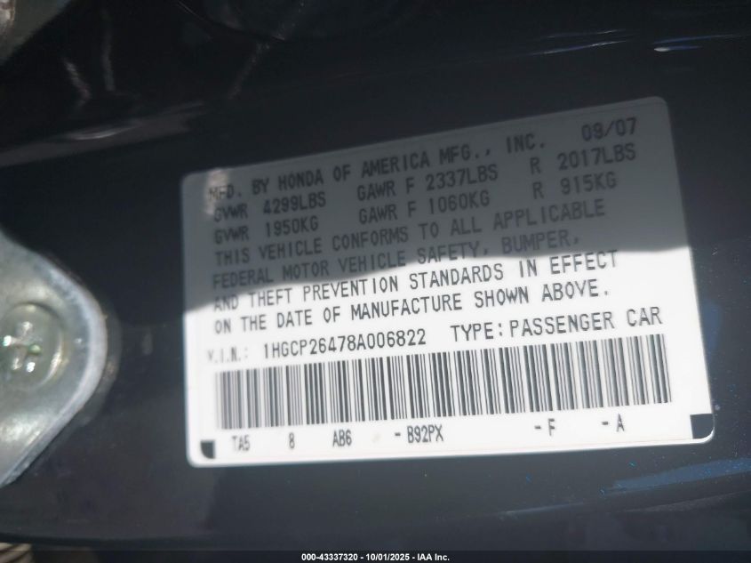 2008 Honda Accord 2.4 Lx-P VIN: 1HGCP26478A006822 Lot: 43337320