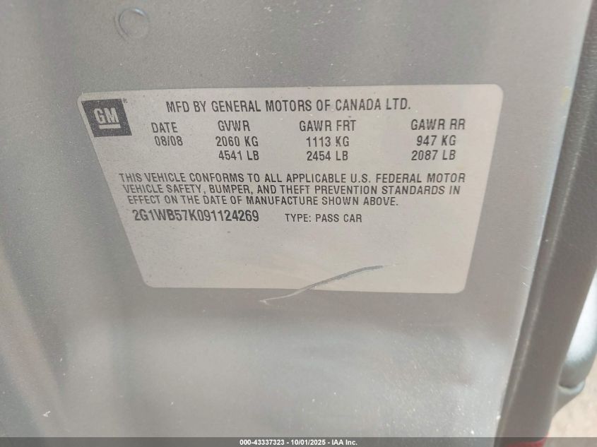 2009 Chevrolet Impala Ls VIN: 2G1WB57K091124269 Lot: 43337323