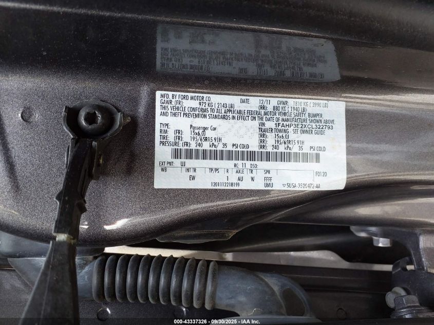 2012 Ford Focus S VIN: 1FAHP3E2XCL322793 Lot: 43337326