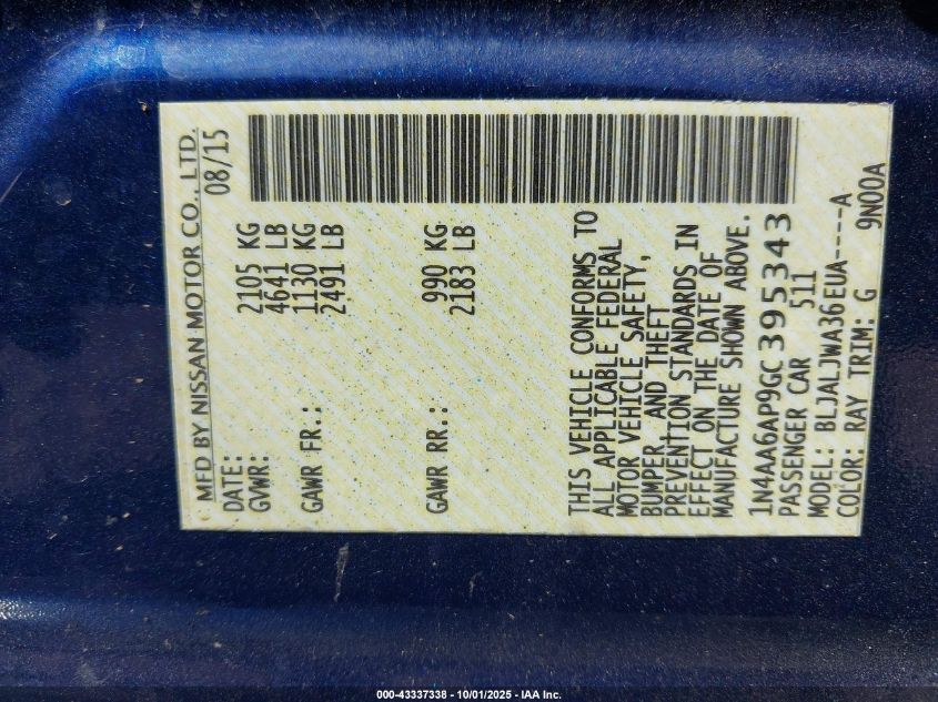 2016 Nissan Maxima 3.5 Sv VIN: 1N4AA6AP9GC395343 Lot: 43337338