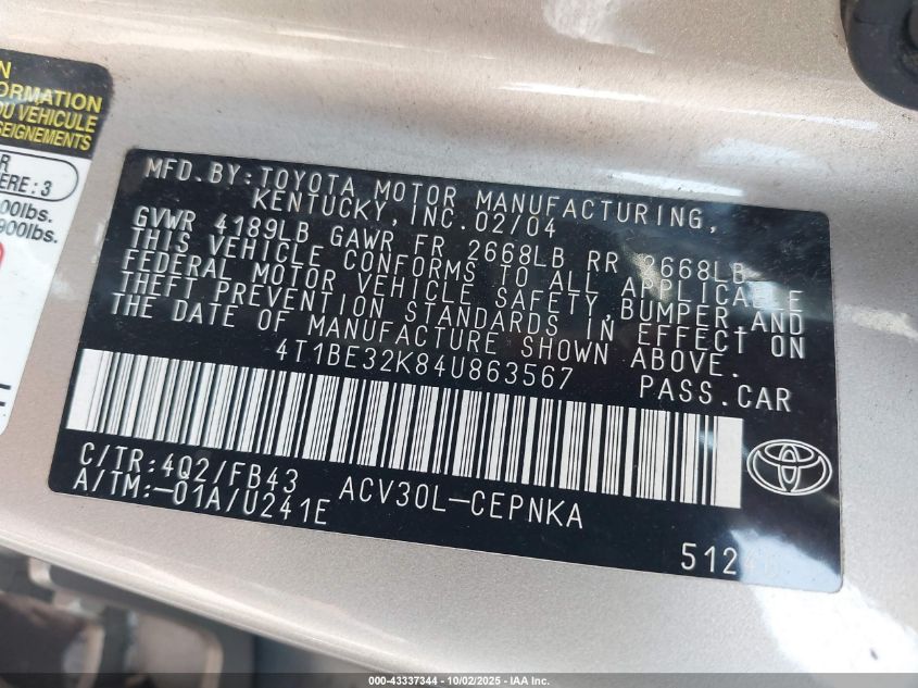 2004 Toyota Camry Le VIN: 4T1BE32K84U863567 Lot: 43337344