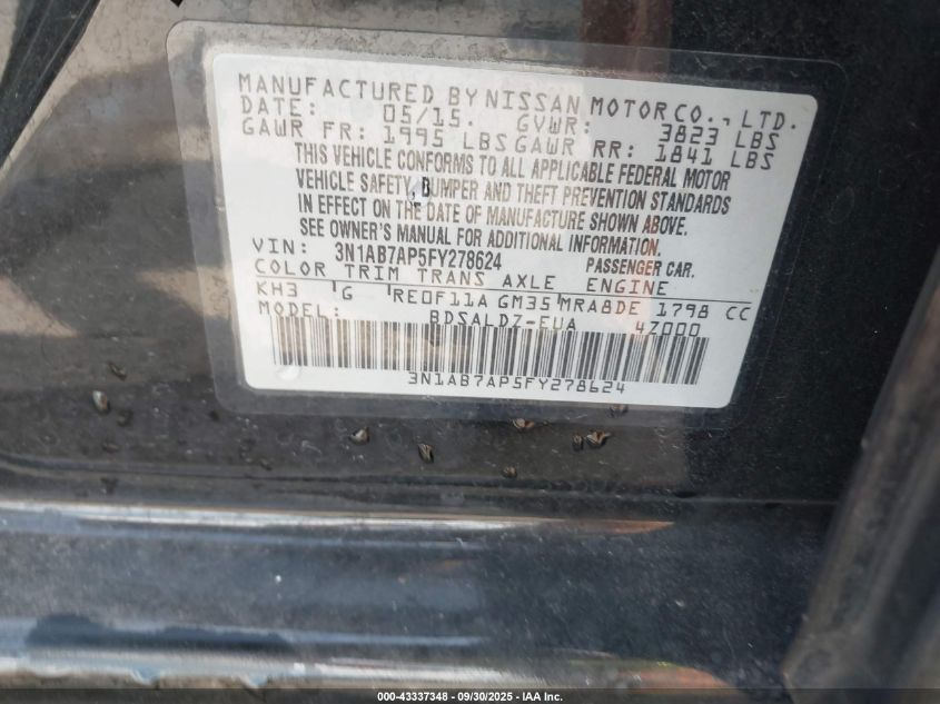 2015 Nissan Sentra Sv VIN: 3N1AB7AP5FY278624 Lot: 43337348