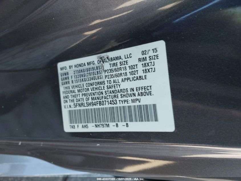 2015 Honda Odyssey Touring/Touring Elite VIN: 5FNRL5H94FB071453 Lot: 43337359