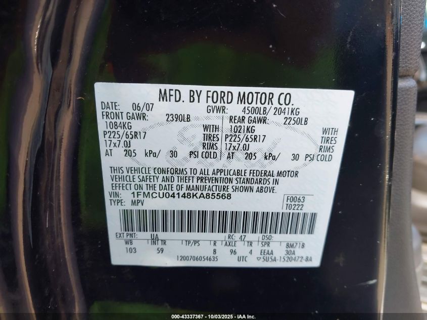 2008 Ford Escape Limited VIN: 1FMCU04148KA85568 Lot: 43337367