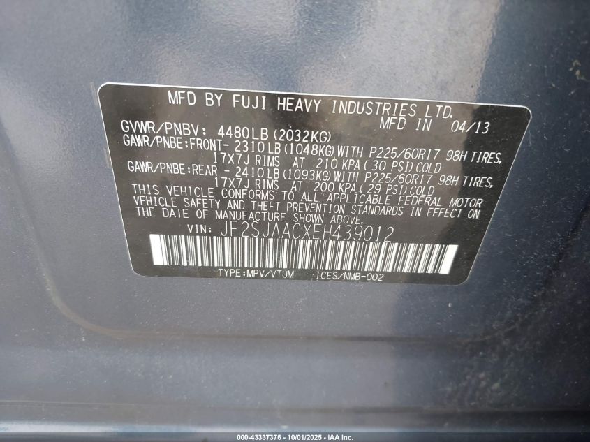 2014 Subaru Forester 2.5I VIN: JF2SJAACXEH439012 Lot: 43337376