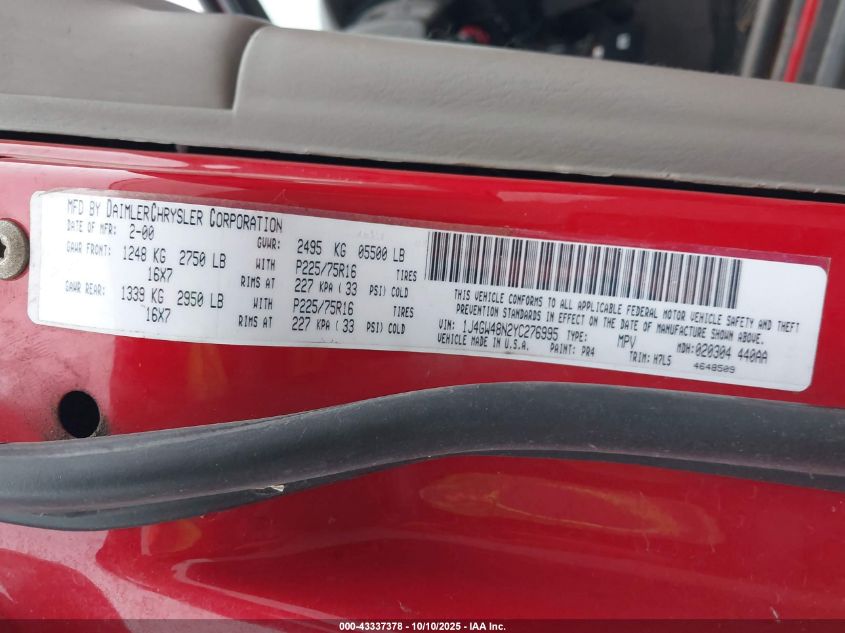 2000 Jeep Grand Cherokee Laredo VIN: 1J4GW48N2YC276995 Lot: 43337378