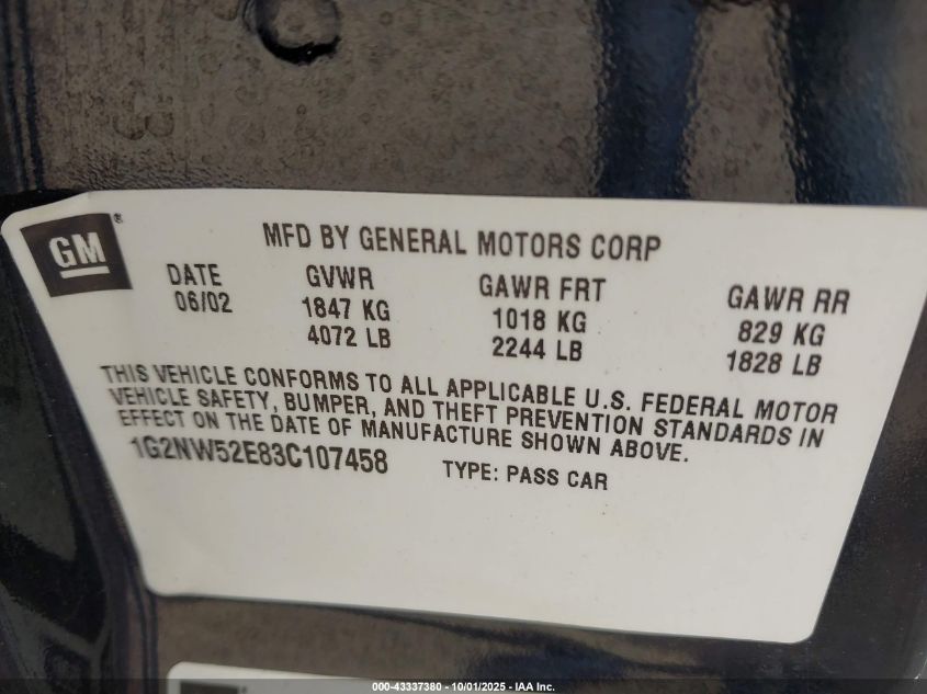 2003 Pontiac Grand Am Gt VIN: 1G2NW52E83C107458 Lot: 43337380